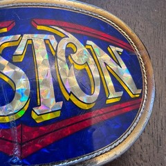 Vintage Boston Belt Buckle 1977 Pacifica Mfg Metal Gold Tone Blue Red