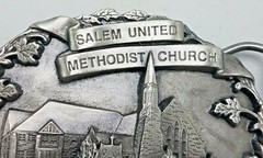 RARE 1986 Salem United Methodist Church Belt Buckle Newton, KS w Stand 255/500