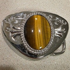 Belt Buckle Unisex Silver Chrome, Tigers Eye Stone Western Boho, EUC