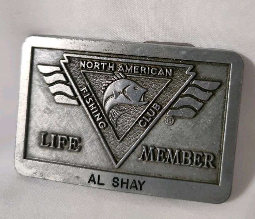 North American Fishing Club Life Member Belt Buckle NAFC Al Shay Pewter Tone 3in