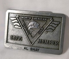 North American Fishing Club Life Member Belt Buckle NAFC Al Shay Pewter Tone 3in