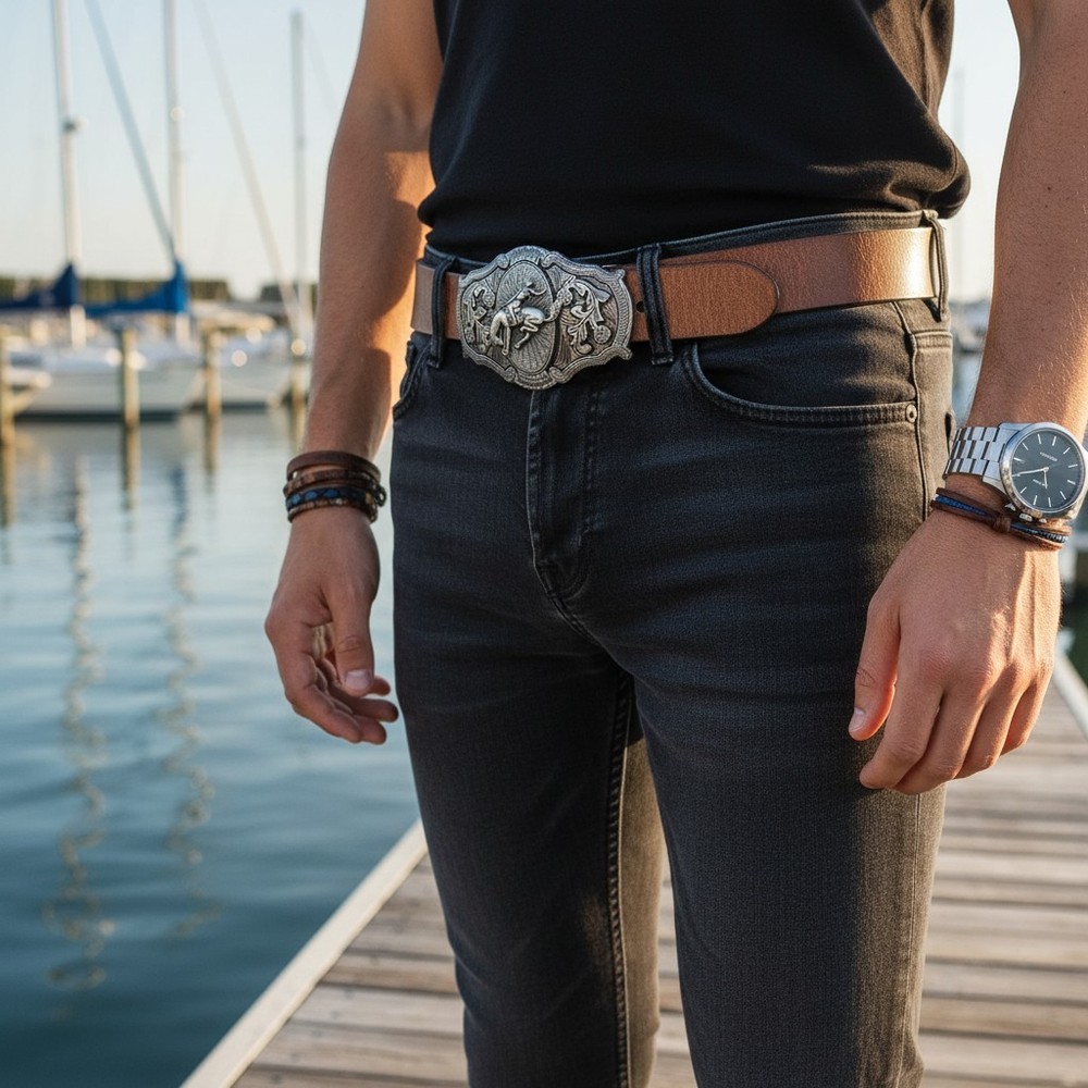 Men Silver Color Metal Western Belt Buckle Rodeo Horse Cowboy Casual Jeans Pants