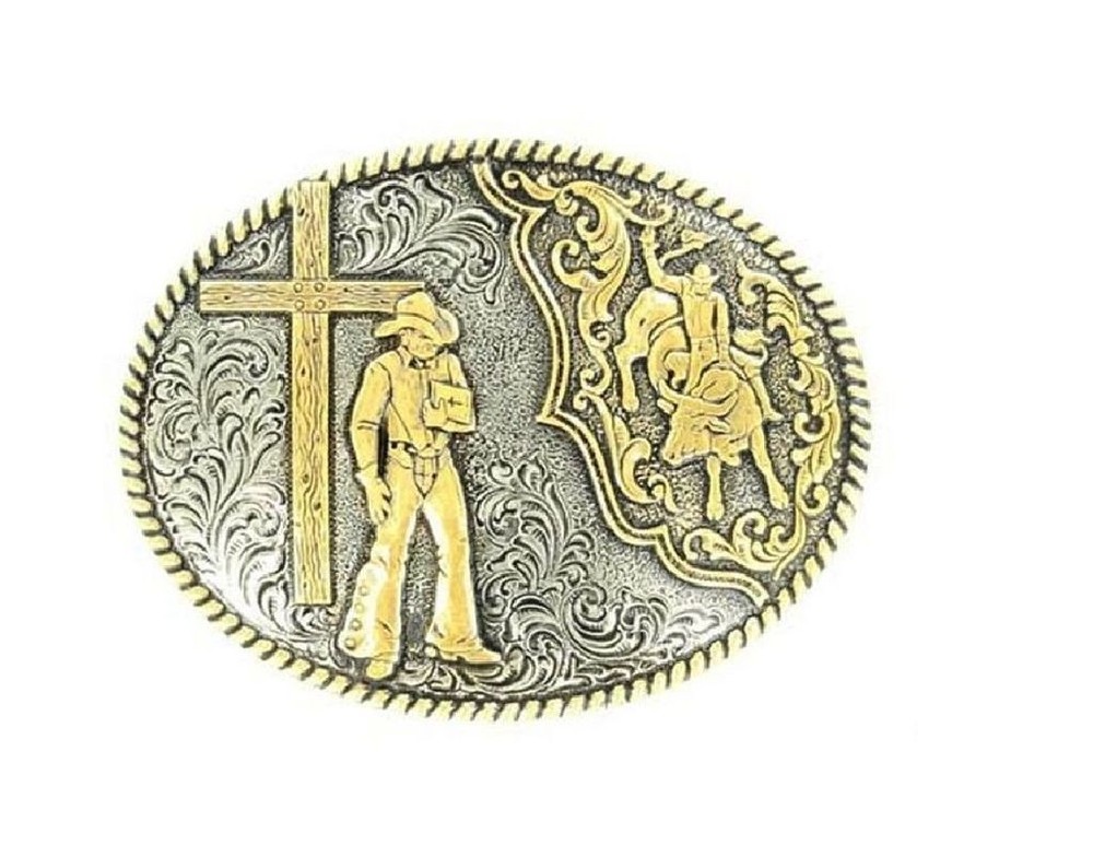 Crumrine Western Belt Buckle Rope Pray Cowboy Gold Silver C15102
