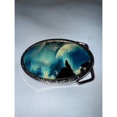 Wolf Howling at Moon Aurora Borealis Oval Belt Buckle Silver Tone Western Style