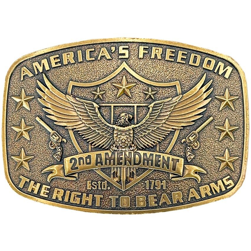 Antique BRONZE Metal Belt Buckle 2ND Amendment Right To Bear Arms Eagle Shield
