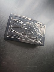 JUSTIN BELT CO. FORT WORTH TEXAS Vintage Skiing Silver Tone Belt Buckle