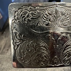 VTG Designer Western Cowboy Belt Buckle Unisex Silver Tone Rectangular Steer