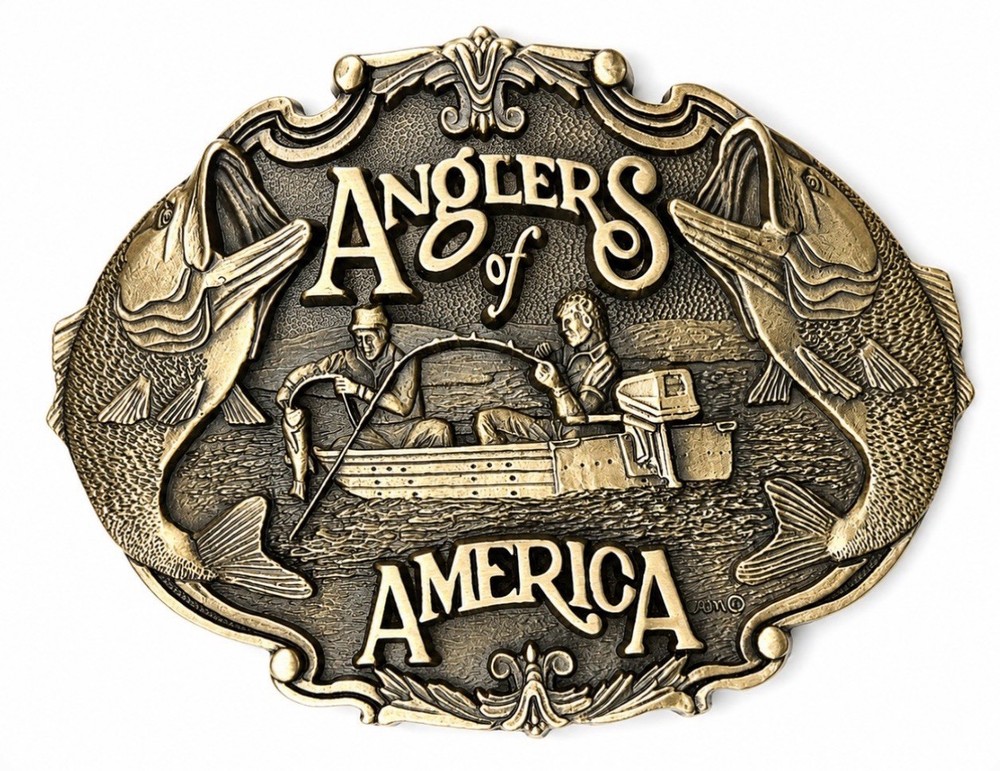 Vintage Anglers Of America First Edition Solid Brass Fishing Belt Buckle