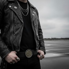 Men Belt Buckle Round 3&Prime; Heavy Metal Dome Skulls Silver Brown Biker Accessory