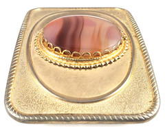Vintage Gold Tone Western Belt Buckle Banded Agate Style Stone Faux Cabochon