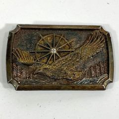 Soaring Eagle Belt Buckle Crystal Center Sunburst Trees Mountains Bronze Metal