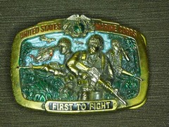 VINTAGE 3 1/4&Prime; ACROSS 1982 UNITED STATES MARINE CORPS FIRST TO FIGHT BELT BUCKLE