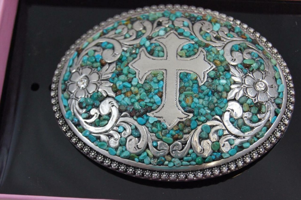 Nocona Belt Buckle Oval Cross with Turquoise Belt Buckle M & F Western 37914