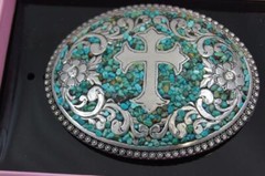 Nocona Belt Buckle Oval Cross with Turquoise Belt Buckle M & F Western 37914