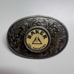 Baker Oil Treating Belt Buckle Vintage Western Floral Oval Silver Tone