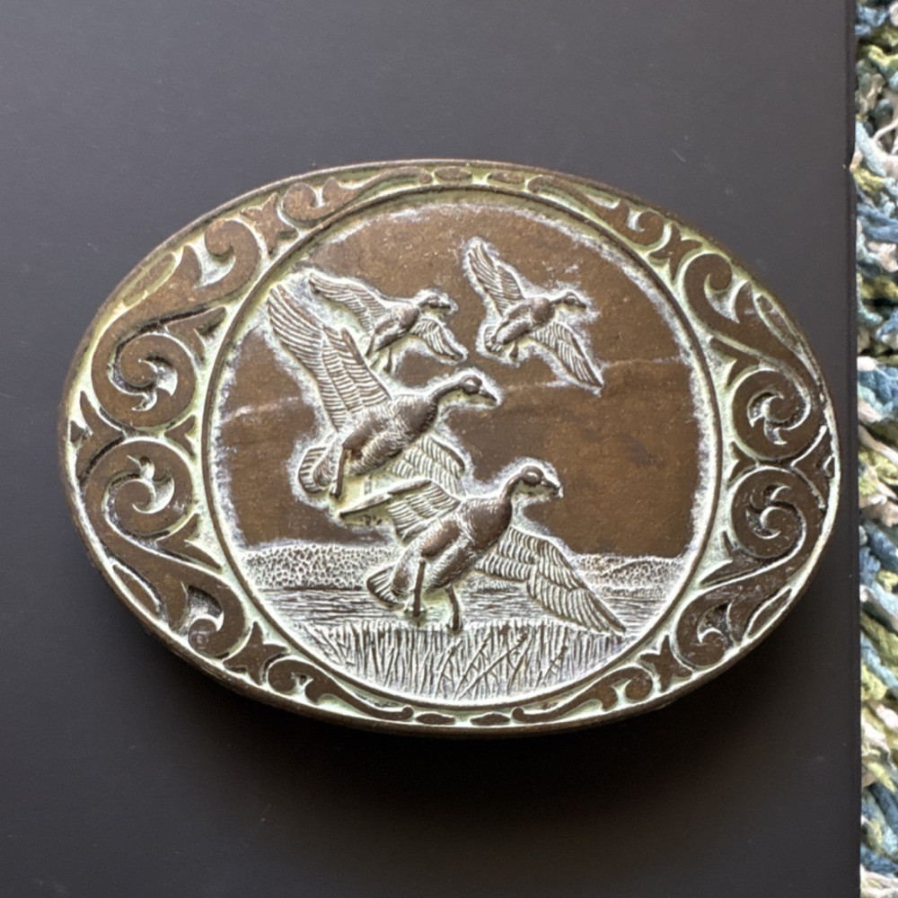 Oval Ducks in Flight Belt Buckle Engraved Metal Silver Gold Tone Western 1.5in