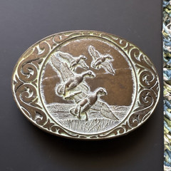 Oval Ducks in Flight Belt Buckle Engraved Metal Silver Gold Tone Western 1.5in