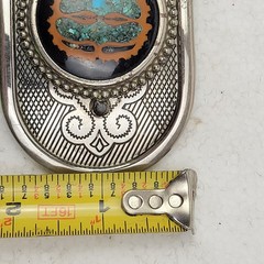 Belt Buckle Unisex_ Chrome Oval With Woodgrain Front With Encased Turquoise Size