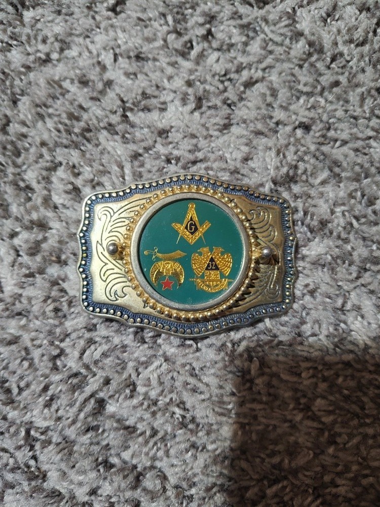 Vintage Masonic Freemasons Shriner Western Belt Buckle Silver Gold Tone decor