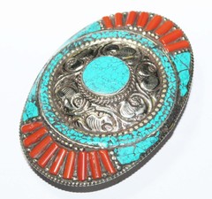 Tibetan Turquoise Red Coral Handmade Gemstone Nepali belt buckle Nepali Stone