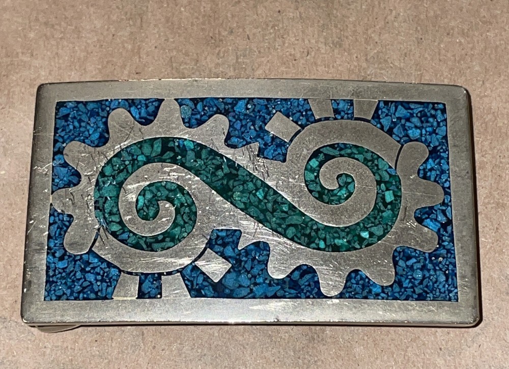 made in MEXICO vintage BELT BUCKLE turquoise SILVER gold 3×1.75” aztec inca