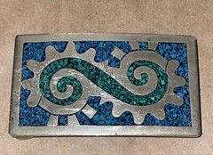 made in MEXICO vintage BELT BUCKLE turquoise SILVER gold 3×1.75” aztec inca