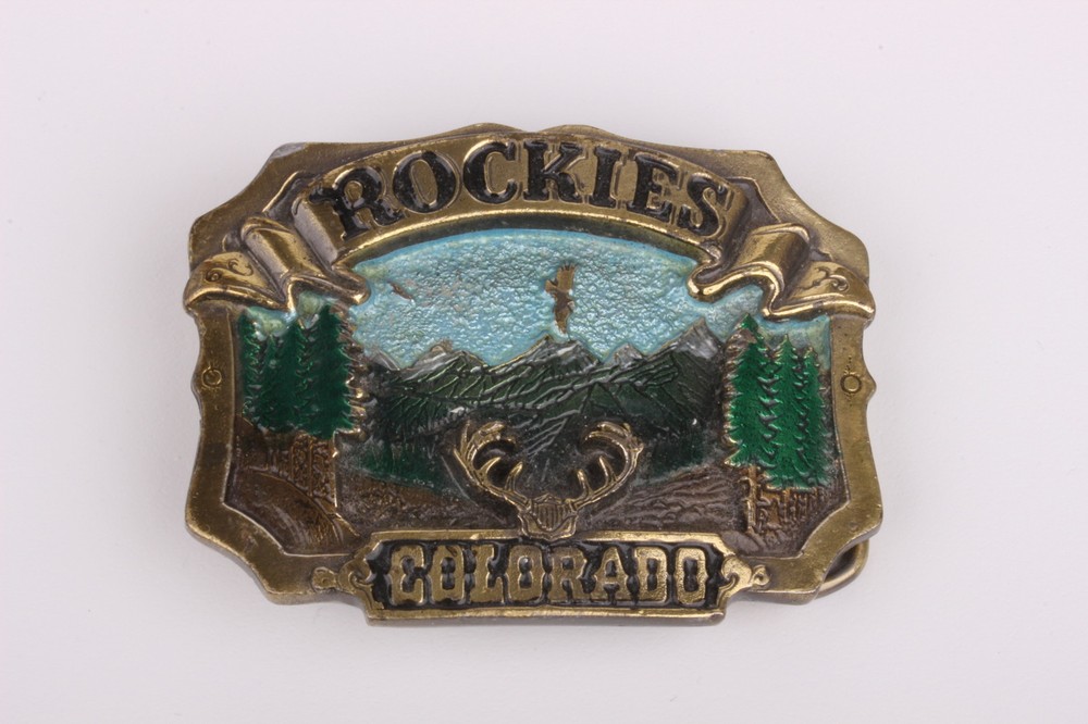 BRASS 1980 GREAT AMERICAN BUCKLE CO CHICAGO  » ROCKIES COLORADO » BELT BUCKLE 0602