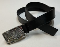 Patriotic Buckle & Black Bonded Leather Belt Sz 44 God Bless America Eagle Flag