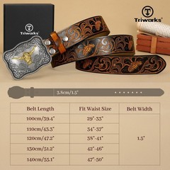 TRIWORKS Men&rsquo;s Western leather belt Cowboy Fit Size 47&Prime;-50&Prime;, Black/Brown