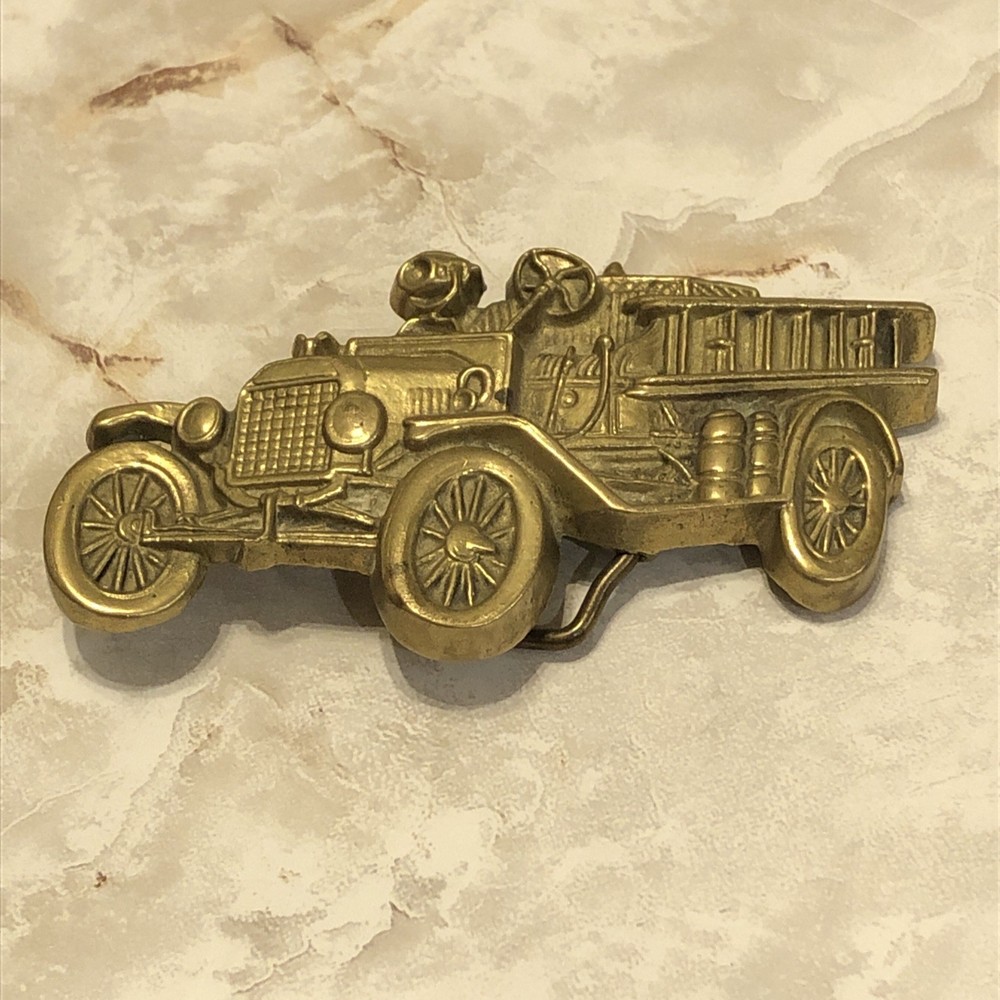 Vintage 1979 Baron Buckle Solid Brass Fire Truck Belt Buckle Department 6150