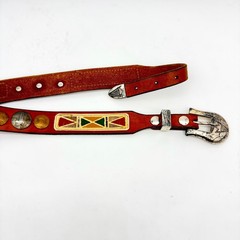 Mens Vintage Western Belt 29-34 Leather Brown Painted Coin Concho