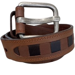 Men&rsquo;s brown leather belt featuring a prominent woven-inlay pattern size 44