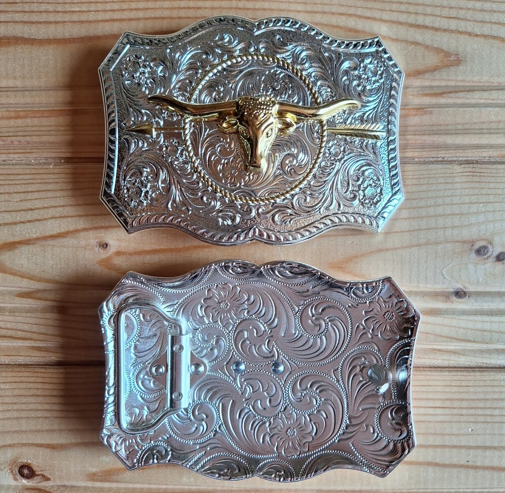 BIG Long horns bull arrow flowers western country silver & gold belt buckle