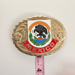 Vintage Mexico Coat of Arms Belt Buckle Gold Tone Enamel Western Made in USA