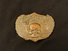 Winged Head Skull Pewter Belt Buckle Vintage Brass Flying Skull With Roses, USA