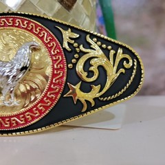 Rooster Western Men Long belt Buckle 7×3.25 Gold , red and black oblong