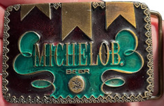 1976 Koleaco Michelob Beer Anheuser Busch Inc Brass Green Lacquer Belt Buckle