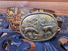 VTG SOLID BRASS INDIANA METAL CRAFT BELT BUCKLE With Tooled Belt Deer Hunters 34
