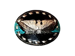 EAGLE Belt BUCKLE w Silver Buckstitching LG Handmade BLACK LEATHER Western/Biker