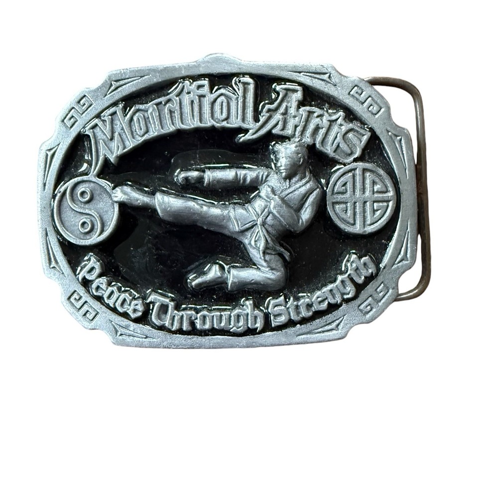 Vintage Martial Arts Belt Buckle Made In USA Peace Through Strength Kung