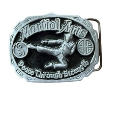 Vintage Martial Arts Belt Buckle Made In USA Peace Through Strength Kung