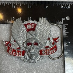 Winged Skull Eagle MC Rebel Rider Belt Buckle Silver Tone Red Enamel Reissue