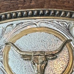 Western Longhorn Bull Belt Buckle Silver Gold Tone Floral Scroll Oval Cowboy