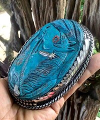 American Vintage Horse Design Sterling Silver Turquoise Coral Belt Buckle