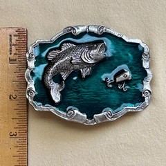 Fish Belt Buckle Green Enamel Metal Largemouth Bass and Lure 2007