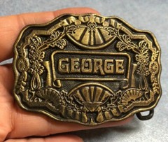 Old Time Belt Buckle By Oden Engraved Name GEORGE Brass 3&Prime; wide