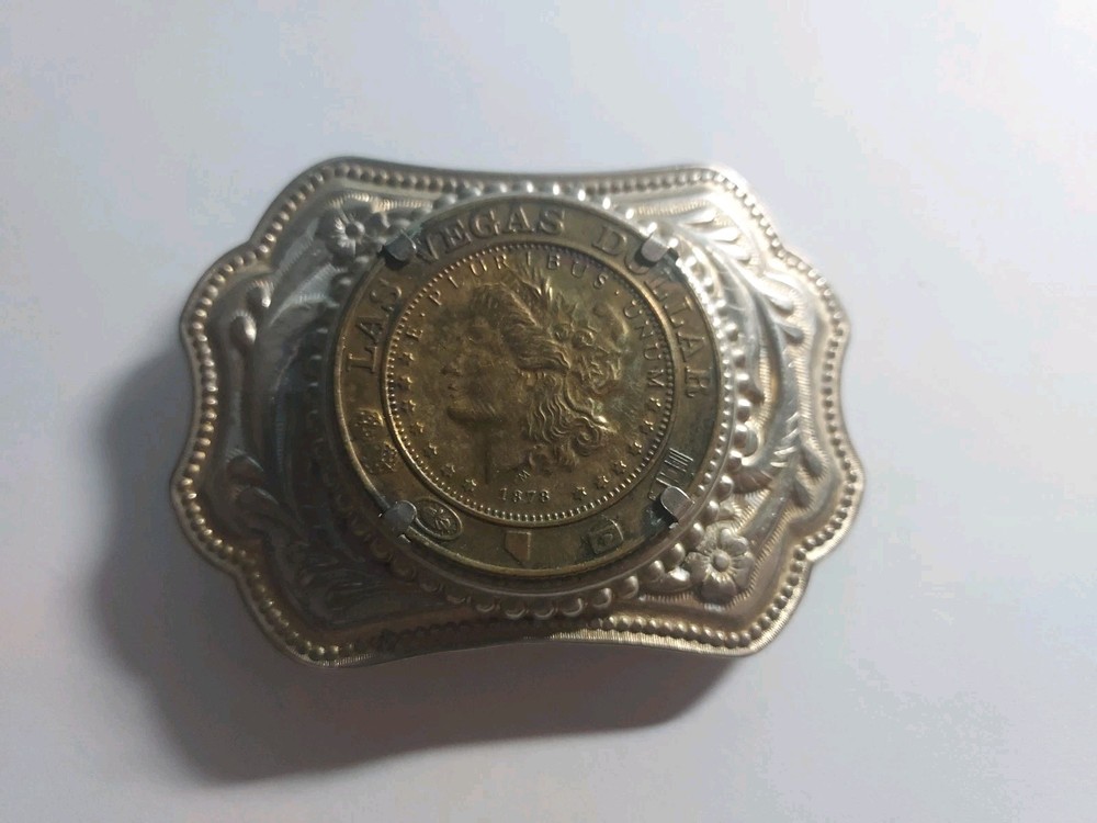 VINTAGE LAS VEGAS COIN BELT BUCKLE FAUX 1878 COIN –