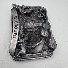 Vintage Missouri State Belt Buckle Pioneer Log Cabin Fiddle Banjo Pewter Tone