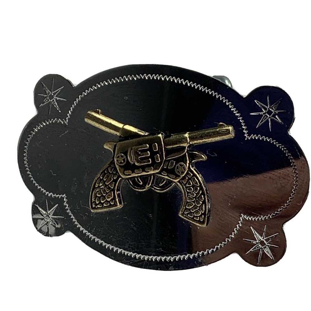 Gun Belt Buckle Double Pistols Silver Tone Hong Kong 4&Prime; Metal Western Wear