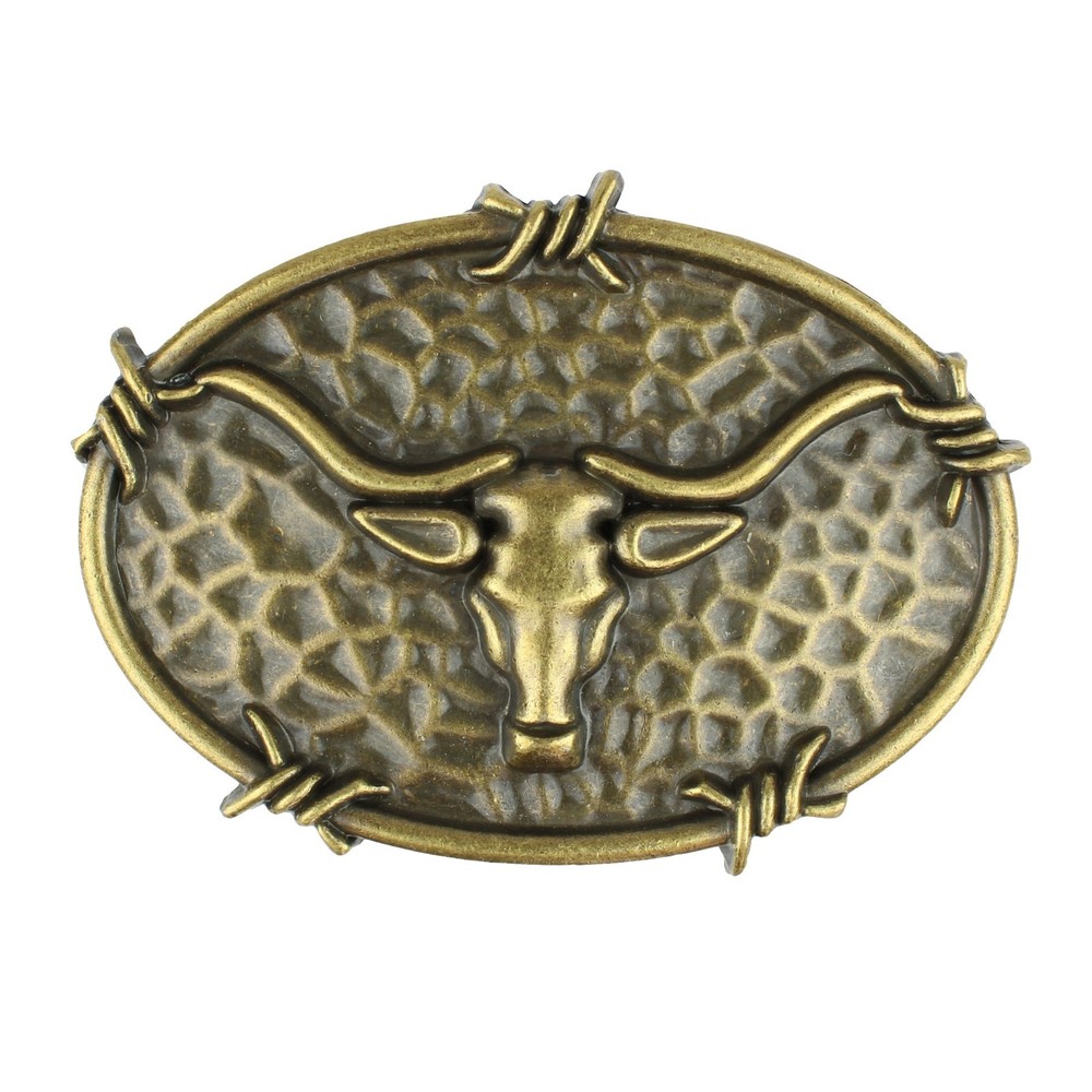 Oval Longhorn Bull Steer Head Barbed Wire Western Belt Buckle Antique Bronze